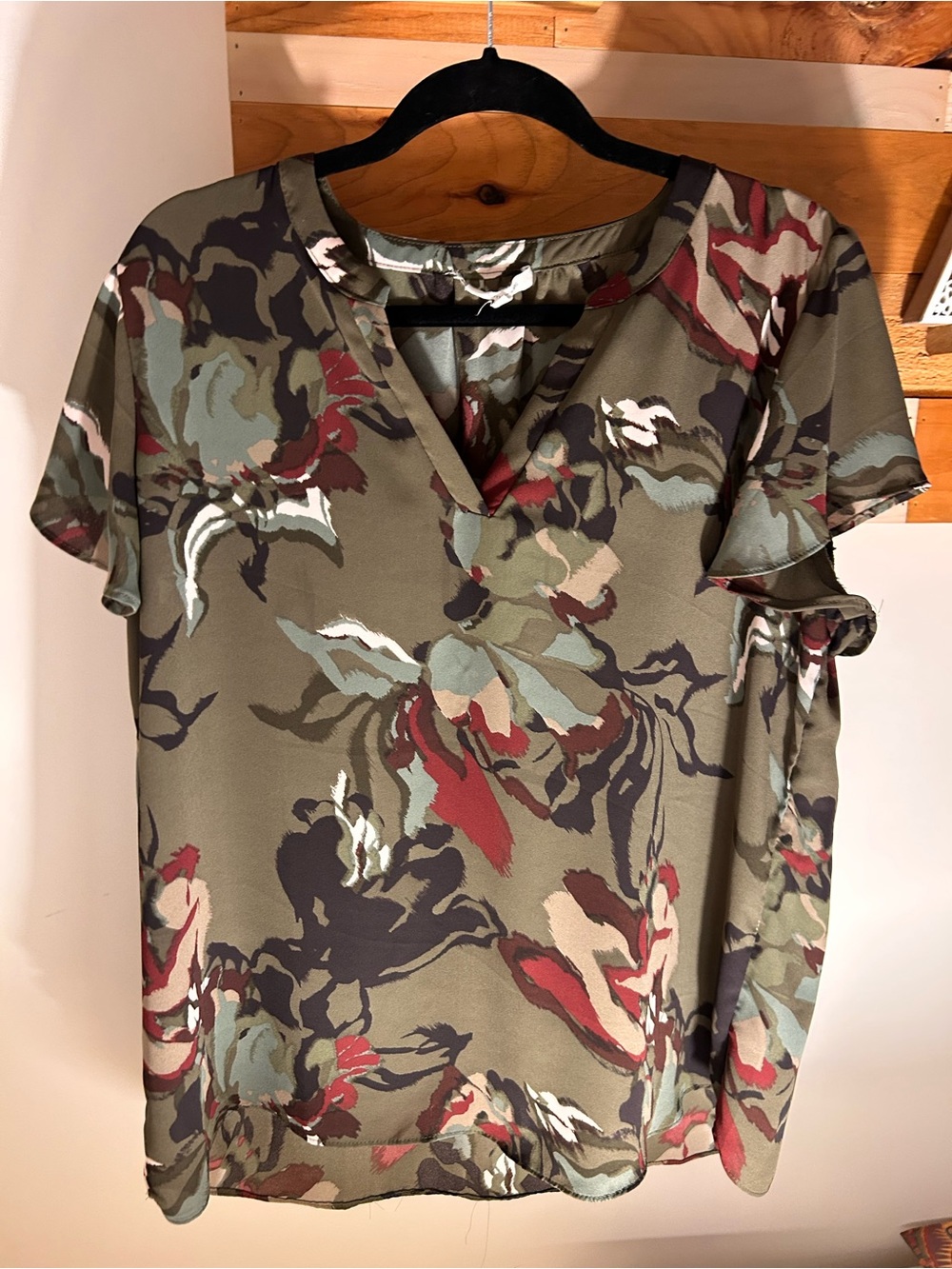 Maurices Olive Green Floral V-Neck Blouse with Red Accents
